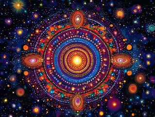Fototapeta premium Cosmic Mandala: Vibrant, concentric circles illuminate a deep space tapestry.