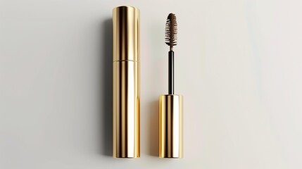 A gold mascara tube with a detailed applicator, resting elegantly on a clean white background.