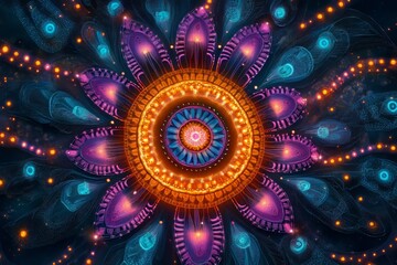 Fototapeta premium Vibrant abstract flower with intricate patterns radiating from a central focal point.