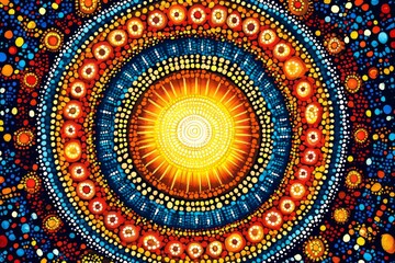 Vibrant concentric circles evoke the warmth and energy, radiating like sun rays.