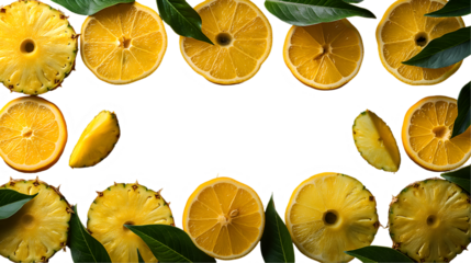 Pineapple and Orange Slices Tropical Citrus Fruit, Juicy Summer Snack on Wooden Table, isolated on transparent background.