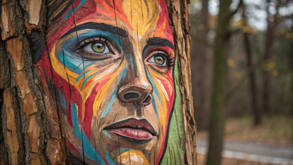 Vibrant Abstract Mural on Tree Trunk