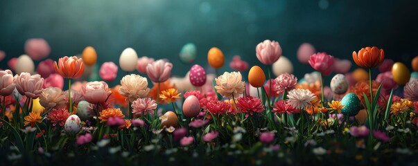 Obraz premium Easter celebration tranquil garden morning event colorful eggs serene environment festival concept
