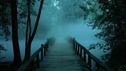 Fototapeta premium A charming wooden bridge over a luminous river in a mysterious dark forest setting