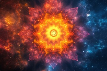 Obraz premium Fiery floral fractal in vibrant colors against a cosmic background.