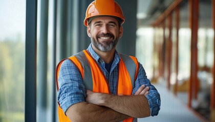 Smiling Mature Man In Safety Helmet And Work Vest, Crossing Arms, Gazing At Camera With A Cheerful Expression.