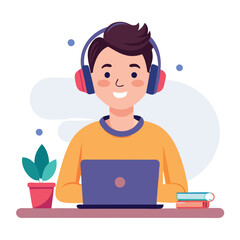 man in headphones, studying at laptop. Happy female student watching business webinar. Video conference call, remote work communication. Flat vector illustration isolated on white background