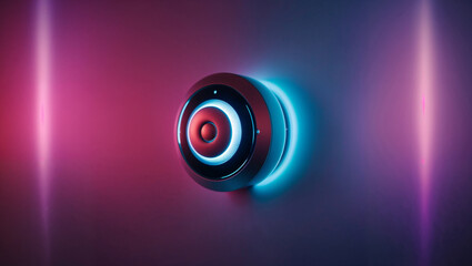 Sleek modern alarm system sensor on a wall illuminated against a vibrant gradient background