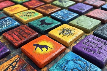 Handmade, textured game tiles with unique patterns and vibrant colors displayed.