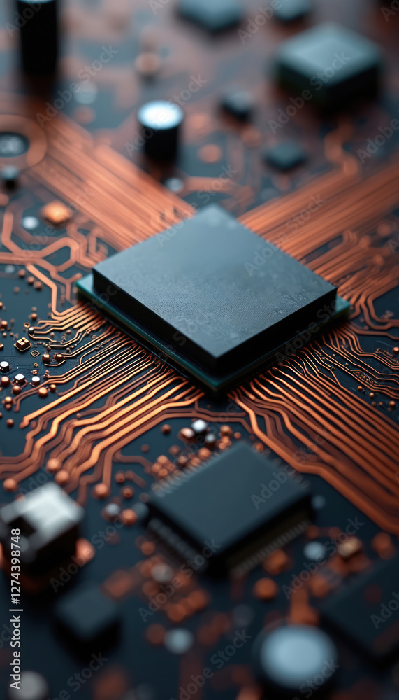 Poster Close-up of computer circuit board featuring orange traces connecting various components. Image highlights complexity of modern technology, semiconductor chips, data flow, and electrical engineering.