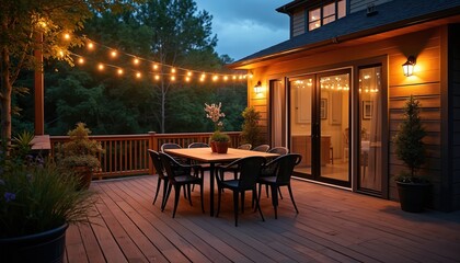 Backyard wooden deck with string lights, outdoor dining area at night. Inviting atmosphere for social events. Patio with wooden furniture, garden, cozy space, home exterior decor, relaxation, party