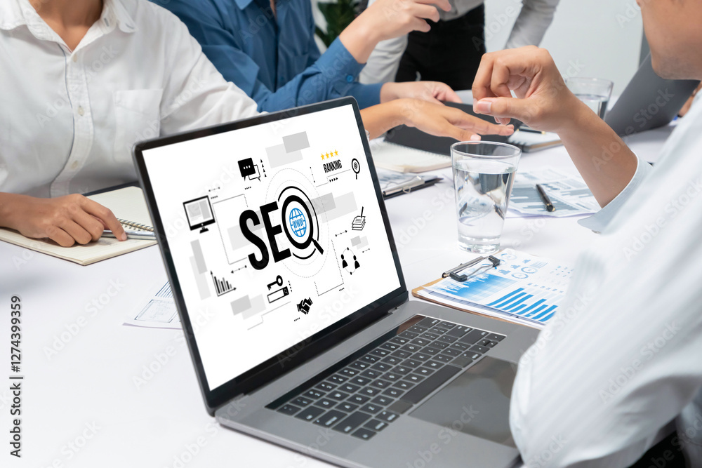 Aufkleber SEO search engine optimization for brisk e-commerce and online retail business showing on computer screen