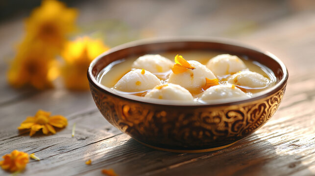 Traditional Bengali Rasgulla, Glistening in Sugar Syrup with Elegant Styling