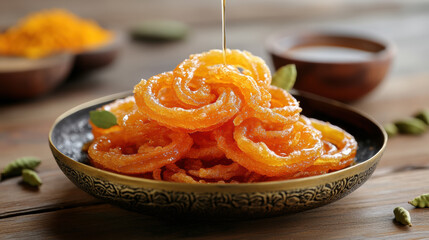 Jalebi Spiral with Sugar Syrup, The indian food, sweet indian for celebrate, Holi festival