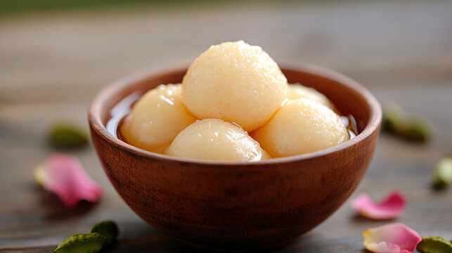 Fresh Rasgulla in a Decorative Bowl, Highlighting Its Glossy Texture, Indian dessert