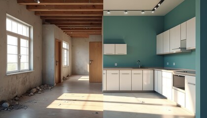 Illustration of kitchen apartment room before, after renovation. Comparison of old, modern home design, architecture, building, before in plaster, after painting, new floor, upscale cabinetry,