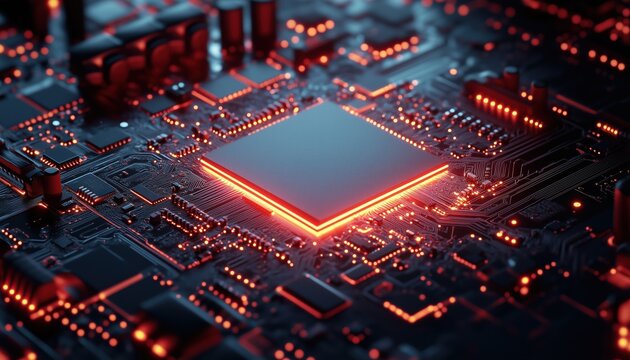 Motherboard With Cpu: Illuminated Processor In Circuit Board, Embodying Computer Technology And Internet Connectivity.