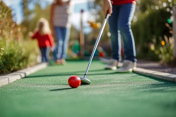 Family mini golf game with children on sunny day