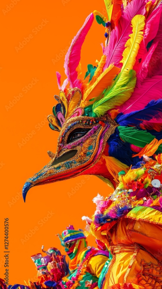 Wall mural Colorful, intricately designed carnival mask adorned with bright feathers, capturing the festive spirit and vibrant elegance of cultural celebrations.