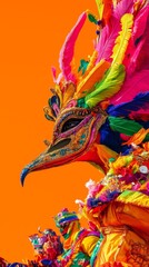 Fototapeta premium Colorful, intricately designed carnival mask adorned with bright feathers, capturing the festive spirit and vibrant elegance of cultural celebrations.