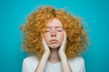 Naklejka premium A frustrated young woman with curly red hair presses her face in her hands, expressing stress or overwhelmed feelings.