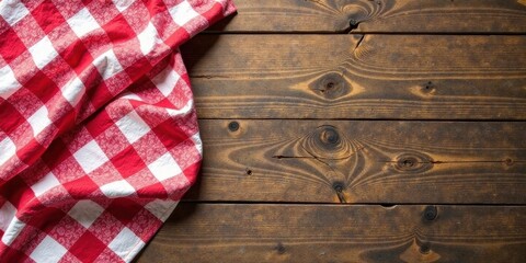 Rustic Wooden Tabletop with Red and White Checkered Cloth Draped on the Side, Perfect for a Culinary or Rustic-Themed Background