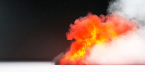 blazing fire with bright orange flames, thick black smoke effect