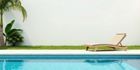 Obraz premium Serene Poolside Relaxation A Modern Lounger by the Water's Edge, Flanked by Lush Tropical Greenery and a Blank Wall