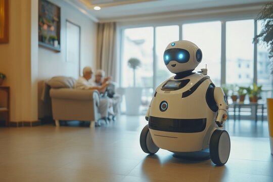 Futuristic robot assisting elderly couple in modern living room