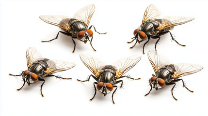set of house flies isolate don white background