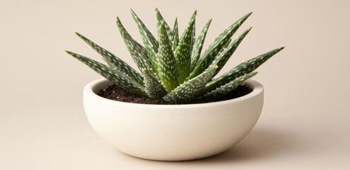 Fototapeta premium Aloe vera plant displays vibrant green leaves with distinctive markings, nestled in a smooth white pot on a calm surface