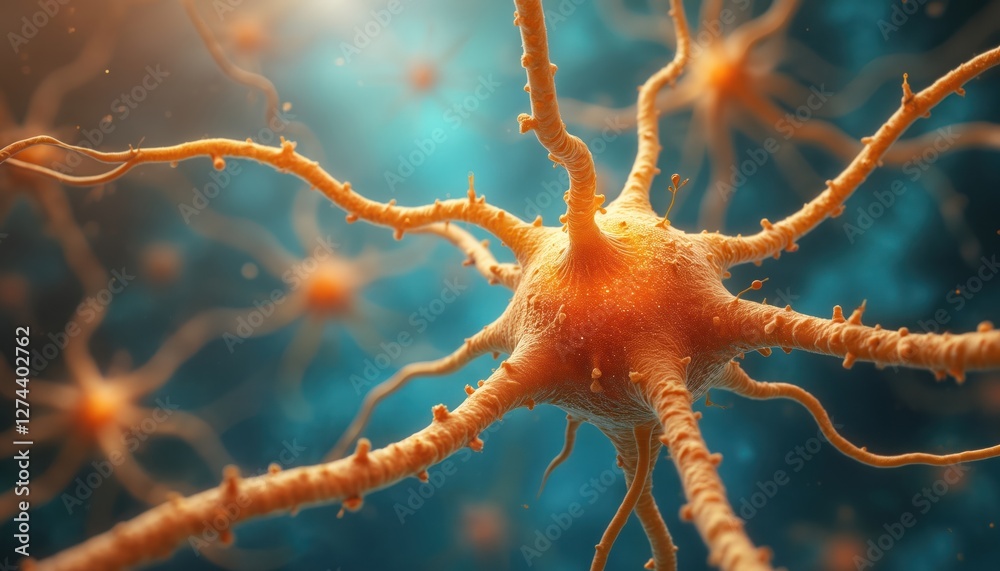 Poster illustration of nerve cells neurons sending electric signals. neural activities in brain with glowin