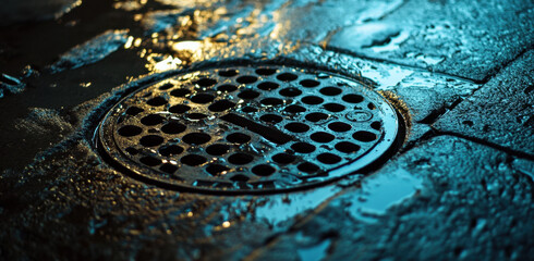 Close-up shot of an open manhole cover on a wet sidewalk, with street lights reflecting in the rainwater, creating a moody atmosphere