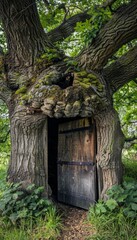Mysterious tree trunk door reveals hidden entrance to an enigmatic underground city