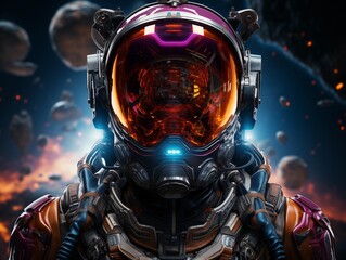 Woman astronaut wearing futuristic spacesuit exploring a galaxy