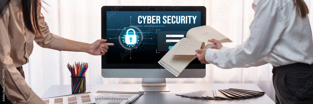 Poster cyber security system on computer screen protect private information brisk from hacker and cyber att