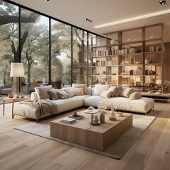 Modern minimalist living room with large windows overlooking nature