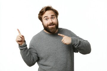 Cheerful Bearded Man Gesturing to the Left, Engaging in Friendly Conversation About Product with a Warm Smile