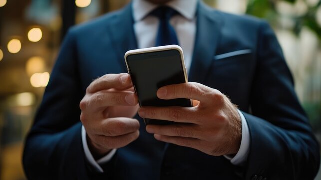 Businessman in Suit Engaged with Parenting App: A Closeup of Modern Contraption for Effective Parenting