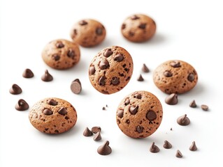 Fototapeta premium Delightful chocolate chip cookies arranged on a pristine white background creating a tempting and delicious still life