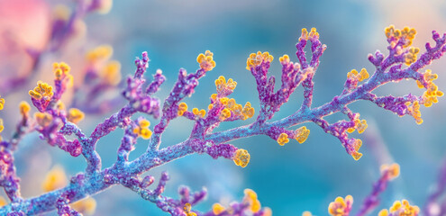 Close-up view captures the delicate structure of coral branches showcasing vivid purple and yellow colors in a lively marine environment