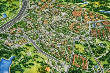 Obraz premium Conceptual Urban Design Plan Showcasing Invented City Layout with Roads, Structures, and Zoning for Future Development
