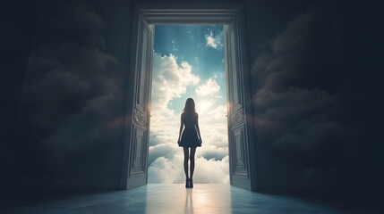 Woman Standing in Doorway Leading to Cloudy Sky, Concept of Limitless Potential