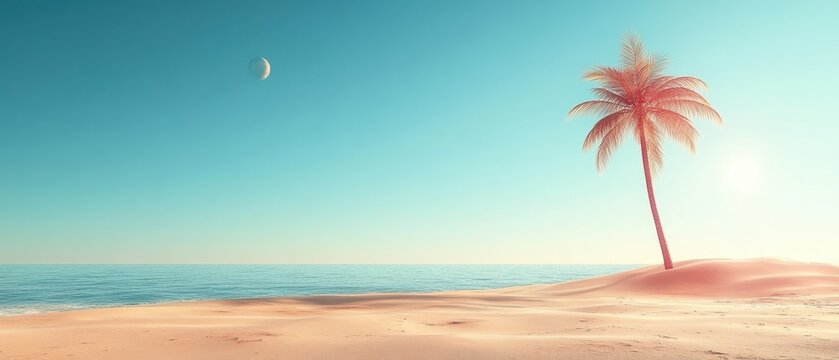 Serene tropical beach vista with turquoise sea palm tree and distant moon creating a peaceful and dreamy summer escape perfect for travel and relaxation