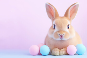 Charming easter bunny with colorful eggs on pink background with copy space