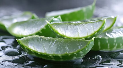Fototapeta premium Fresh Aloe Vera Slice: Natural Skincare and Hydration for Hair and Skin