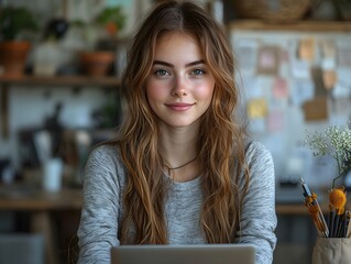 Fototapeta premium Young entrepreneur woman smiling and working with laptop in her studio
