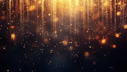 Shimmering Golden Light Particles Falling Against a Dark Background, Creating a Dreamy and Magical Atmosphere for Use in Various Design Projects
