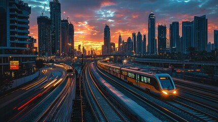 Fototapeta premium Cityscape Sunset Train Modern Dubai Skyline