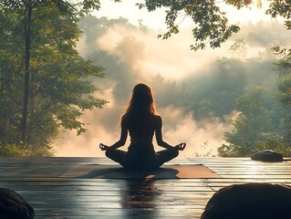Woman practicing yoga amidst serene forest morning